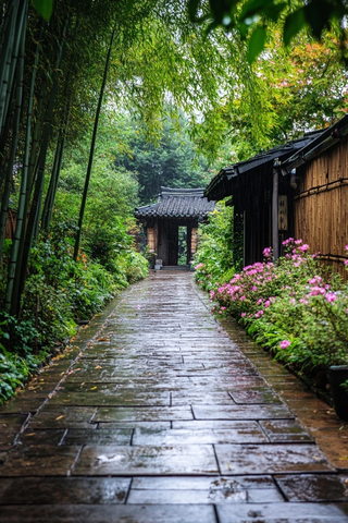 竹林中的石板小径通向古朴木屋