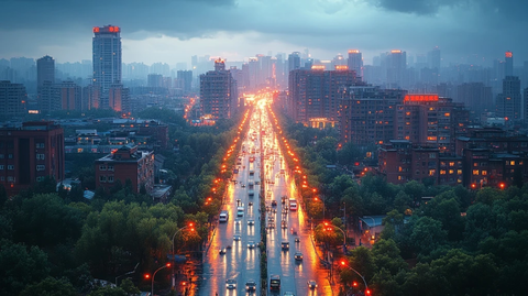城市主干道车流夜景鸟瞰全景