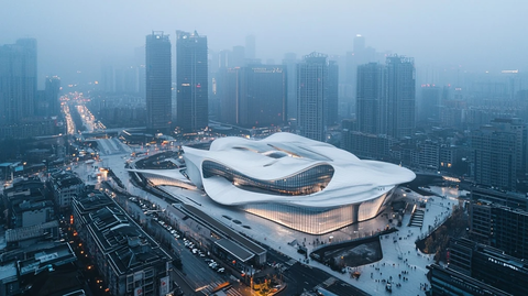 现代化都市中的独特建筑鸟瞰全景