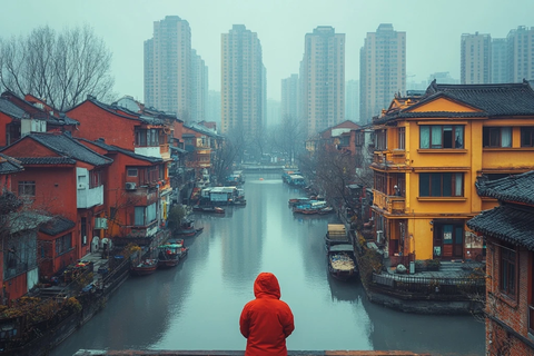 穿红衣的人眺望水乡与高楼并存的城市