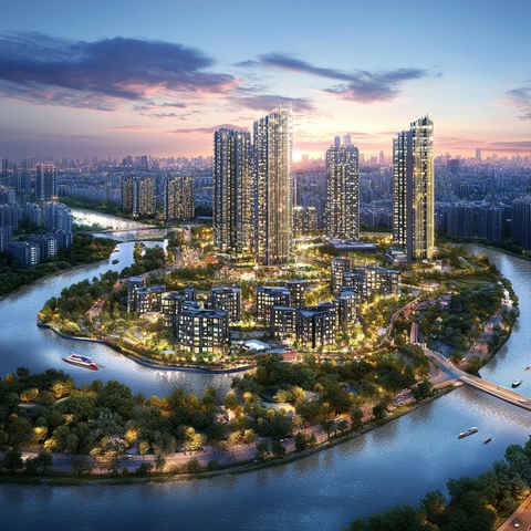 河心岛城市夜景鸟瞰高楼林立灯火辉煌