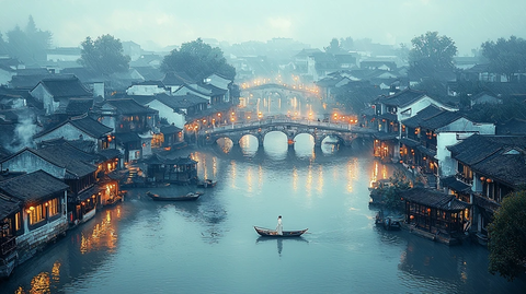 江南水乡雾霭中的古镇桥梁夜景