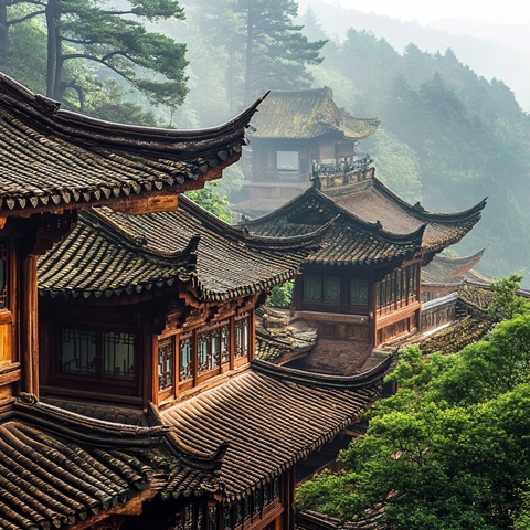 山林间古色古香的传统中式建筑