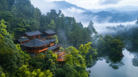 山林间的传统木屋建筑群