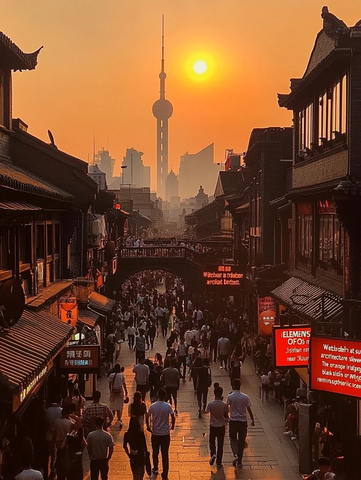 东方明珠下人头攒动的繁华街道