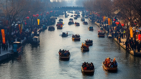 热闹河面上挤满游船的节日景象