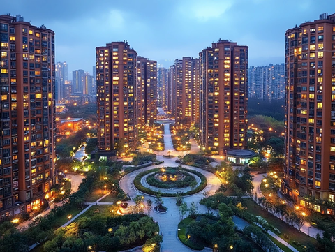 夜景下灯火通明的高层居民小区全景
