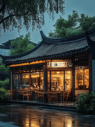 古色古香中式建筑风格的特色店铺外景