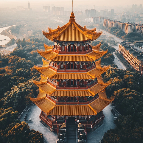 鸟瞰视角下的多层古建筑塔楼