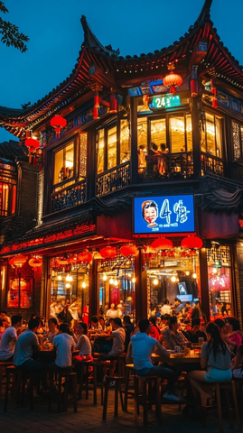 中式传统建筑风格的热闹餐馆