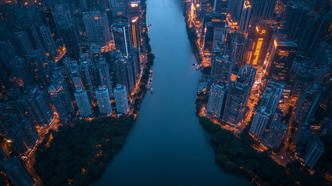 城市河流夜景鸟瞰图