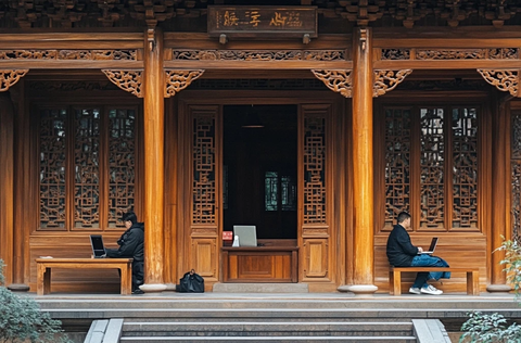 古色古香建筑前用电脑工作的两人