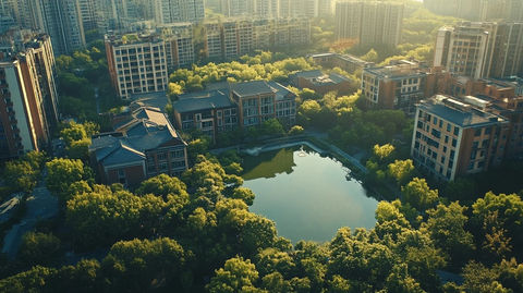 小区鸟瞰图绿树环绕的池塘和建筑