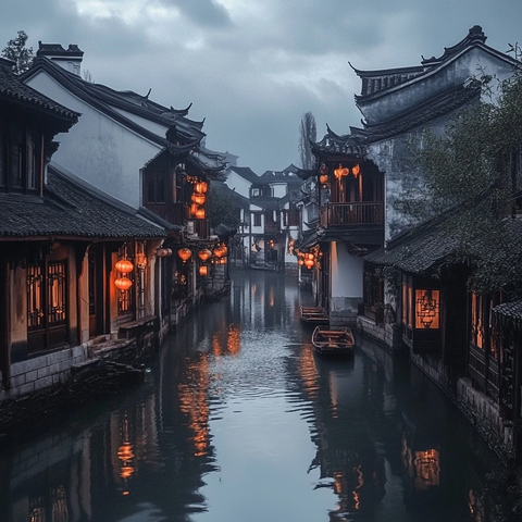 水乡古镇河道夜景灯火辉煌