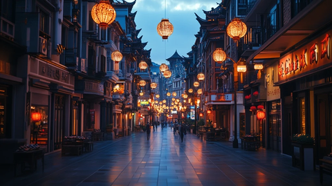 挂满灯笼的古街夜景