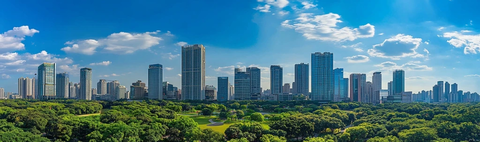 绿树环绕的城市摩天大楼全景图