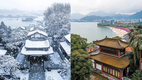 古建筑雪景与滨海风光的不同景致对比