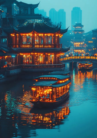 灯火辉煌的江南水乡夜景