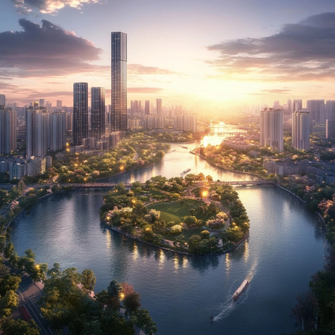 城市河流两岸林立高楼的黄昏全景