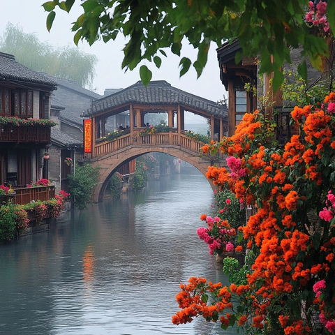 江南水乡古建筑旁的河道与石桥景致