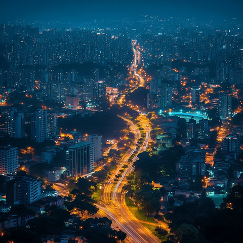 俯瞰城市夜景中灯火通明的公路