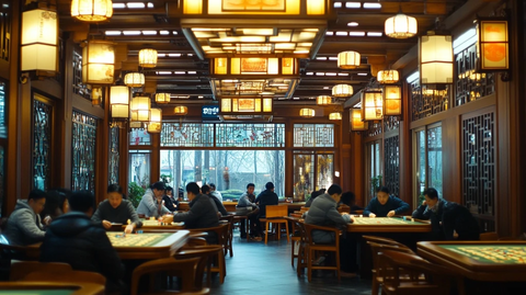 中式风格室内人们围坐桌边下棋的场景