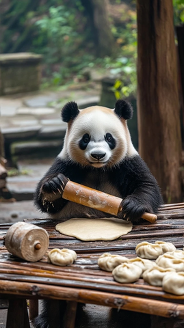 熊猫手持擀面杖擀面皮的可爱场景