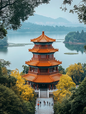 湖光山色中的多层古式楼阁建筑