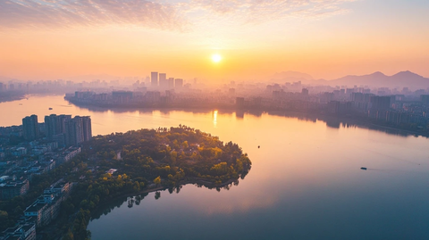 城市江景日出风光航拍全景