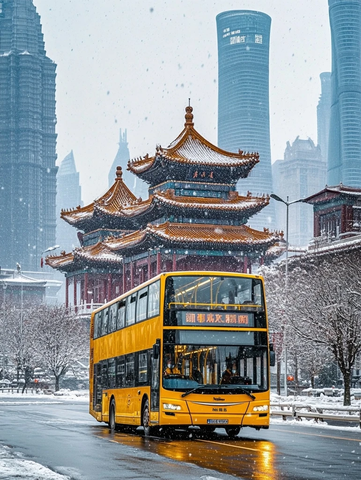 雪天城市中双层巴士经过古建筑