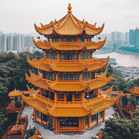 城市中雄伟壮观的多层古建筑塔楼