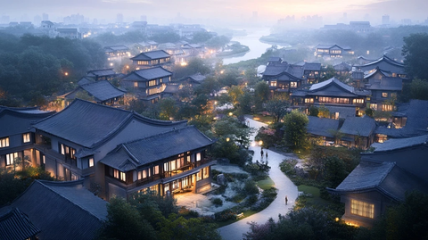 古色古香中式村落夜景俯瞰图