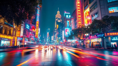 霓虹灯下的繁华都市街道夜景