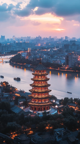 古塔楼江畔夜景与城市天际线的融合