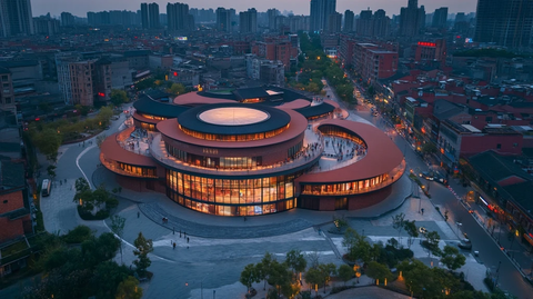 城市中独特圆形建筑的鸟瞰全景