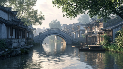 江南水乡建筑与石拱桥的唯美景象