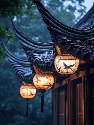 中式建筑屋檐下挂着古典灯笼的景象