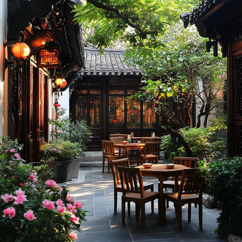 中式庭院内桌椅陈设的休闲角落