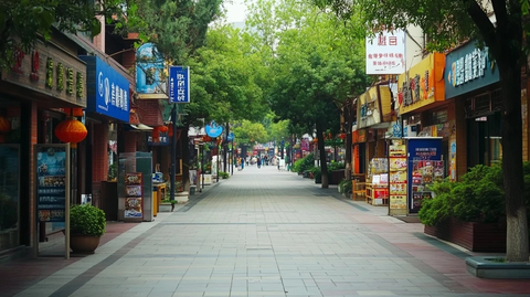 绿树成荫的商业街空景