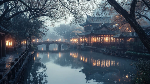 江南水乡夜景灯火映照古桥流水