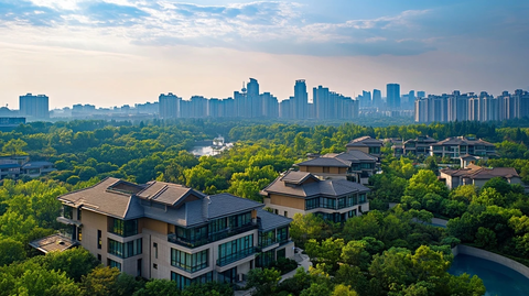 绿树环绕中的城市别墅区鸟瞰全景