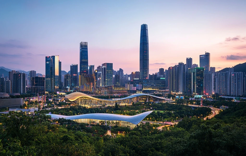 城市中心商务区天际线黄昏全景