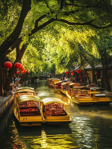 水上小船穿行于挂满红灯笼的河道间