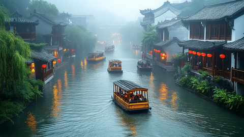 江南水乡游船夜景