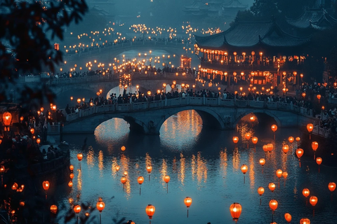 挂满灯笼的古桥及河面夜景