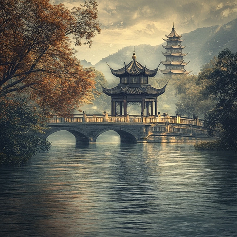 水上古亭与宝塔相映成趣的风景图