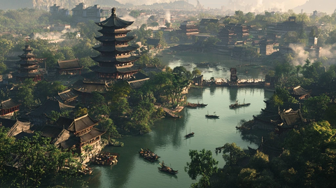 中式古建筑群河流上的鸟瞰全景