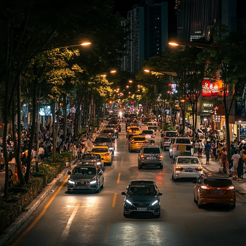 夜晚街道车水马龙人群熙攘的繁华景象
