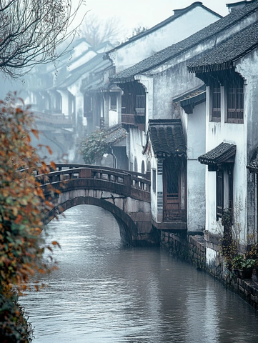 江南水乡古镇雾中石桥流水建筑景致