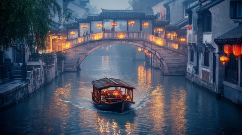 江南水乡小船行于挂灯石桥下的景象